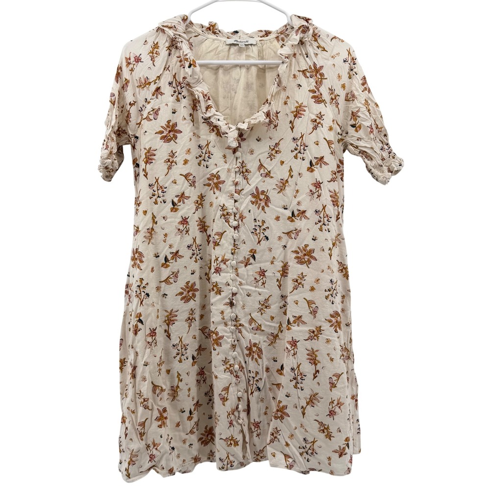 Madewell Floral Button‎ Front Mini Dress Women XXS Cream Boho Ruffle V-Neck